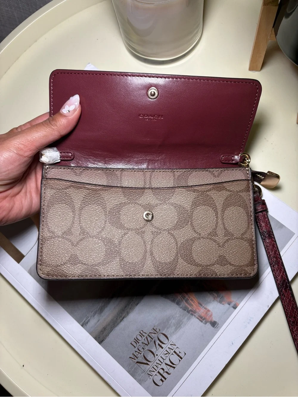 COACH Two-Tone Signature Leather Wristlet in Burgundy and Khaki